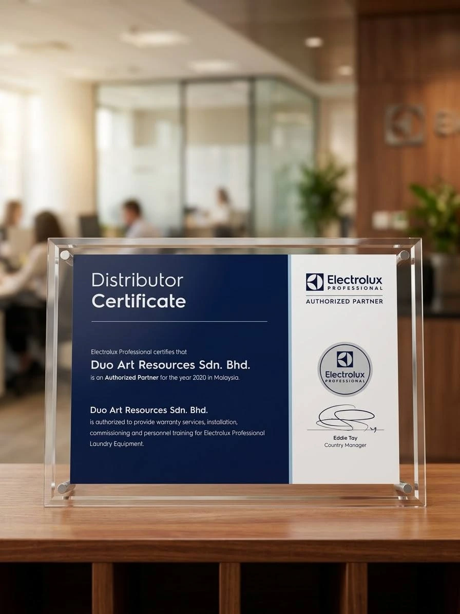 Electrolux Professional Authorized Partner Distributor Certificate 2020 for Duo Art Resources, proof of trusted Electrolux Laundry Machine Service