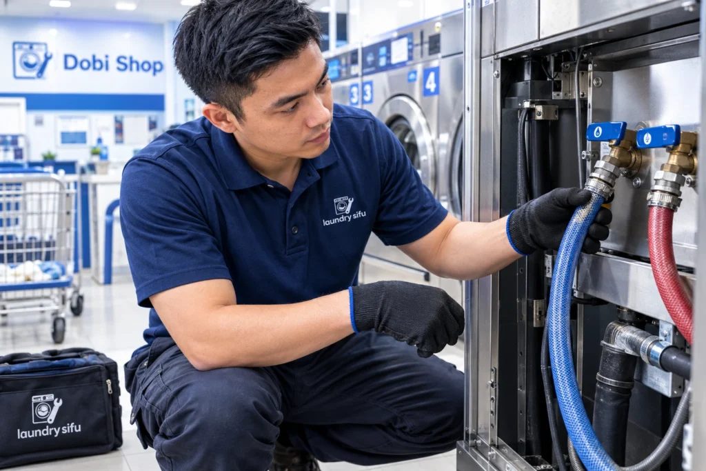 Laundry Sifu technician inspecting a commercial laundry machine slow filling in a laundromat