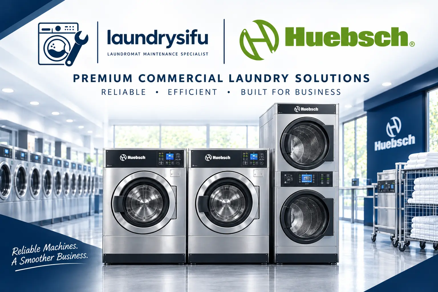 Huebsch laundry machine service by Laundry Sifu — Huebsch commercial washers and stacked washer-dryer unit in a laundromat showroom