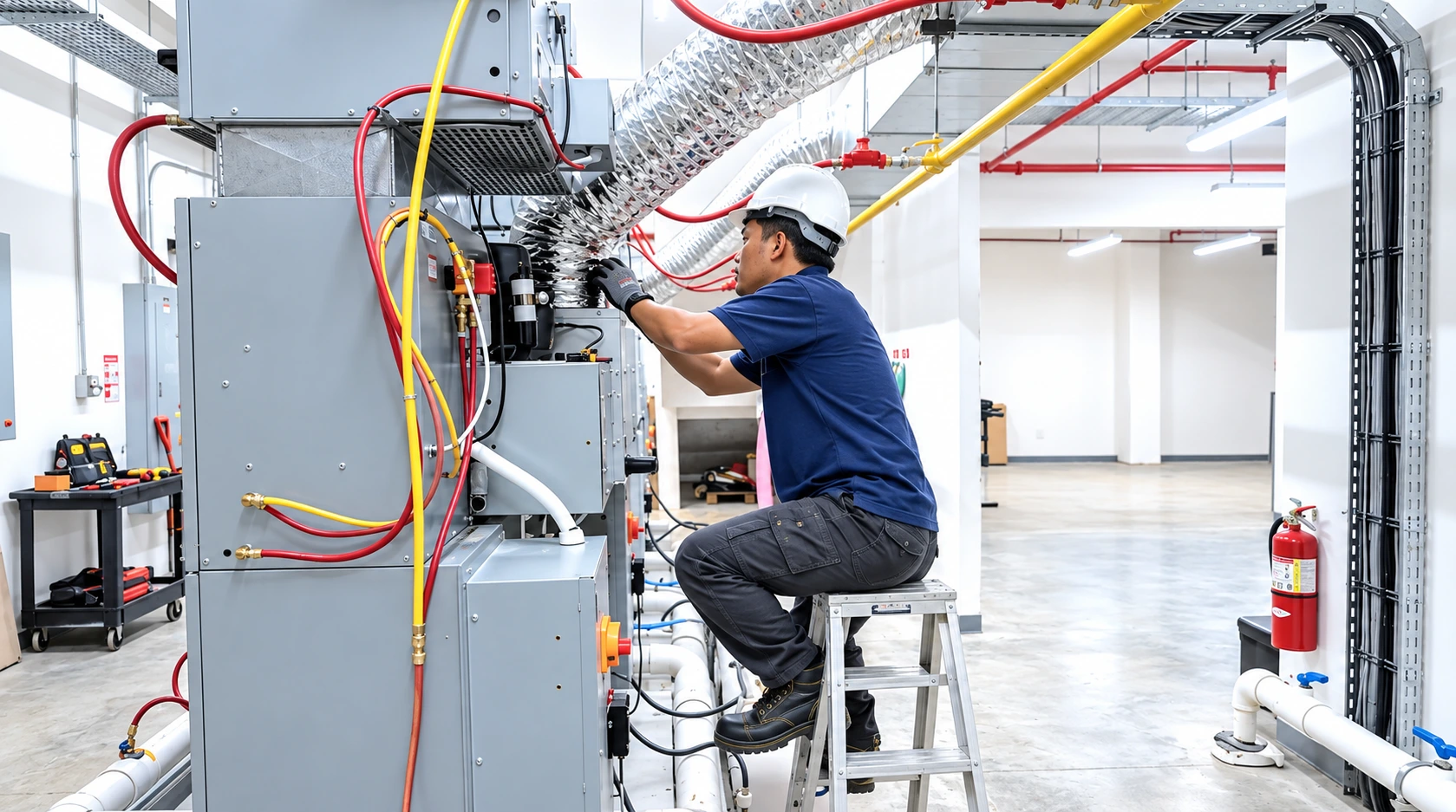 Commercial laundry service technician maintaining laundromat machines in Selangor