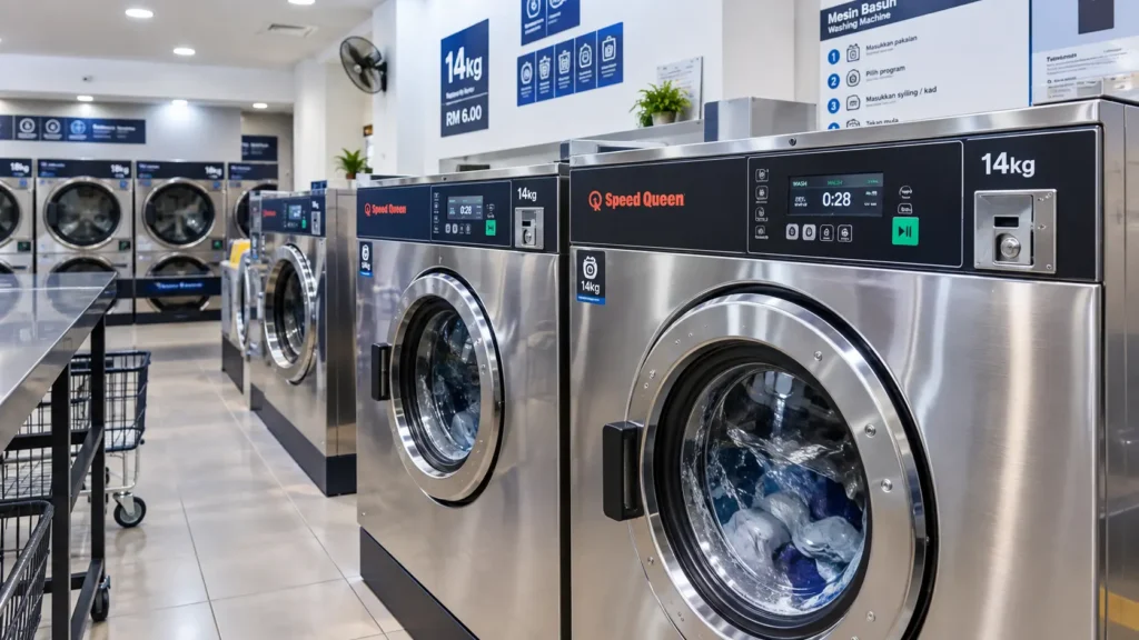 Speed Queen washer in a commercial laundromat in Malaysia