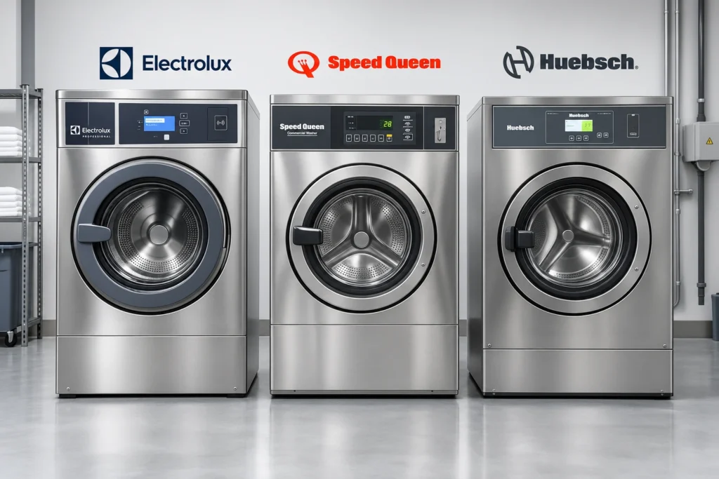 Comparison of commercial laundry machine Electrolux, Speed queen and Huebsch for business use