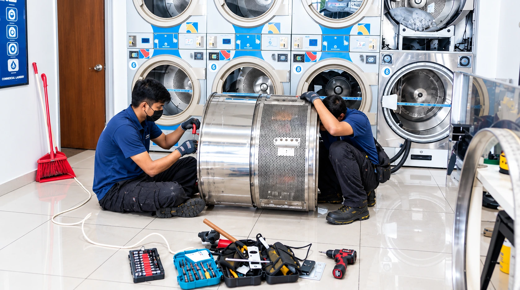 Laundry Sifu technician servicing a commercial laundry machine