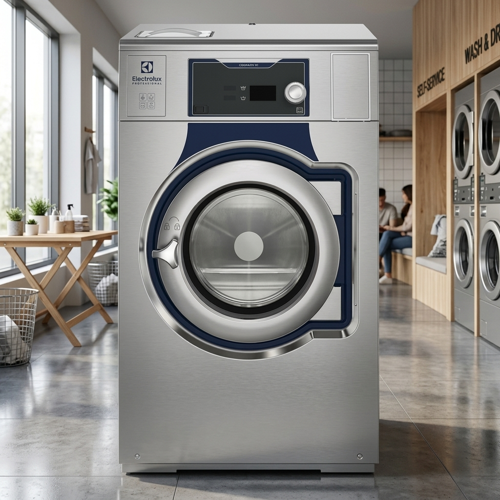 Electrolux WN6-9 coin-op washer at self-service laundromat, supported by Electrolux Laundry Machine Service