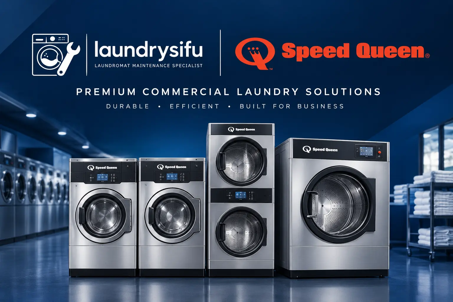 Laundry Sifu and Speed Queen logos with a commercial laundry machine, providers of Speed Queen laundry machine service in Malaysia