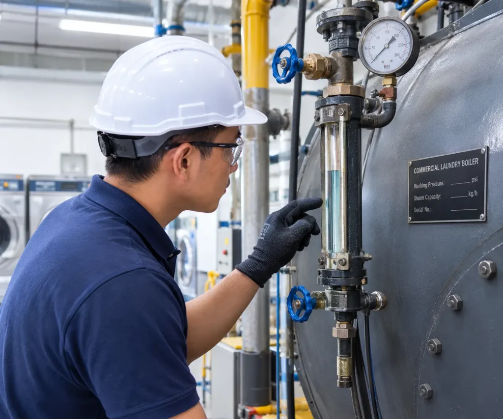 Operator reading the gauge glass during commercial laundry boiler maintenance