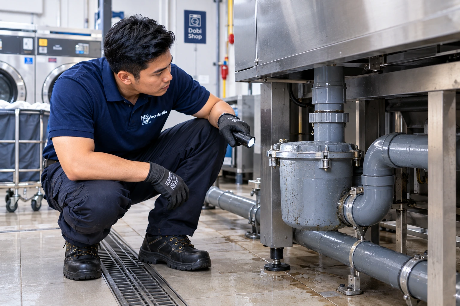Technician inspecting a laundry drainage system trap and pipework