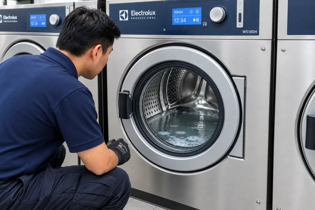 Commercial washer not draining with water left in the drum of a laundromat machine