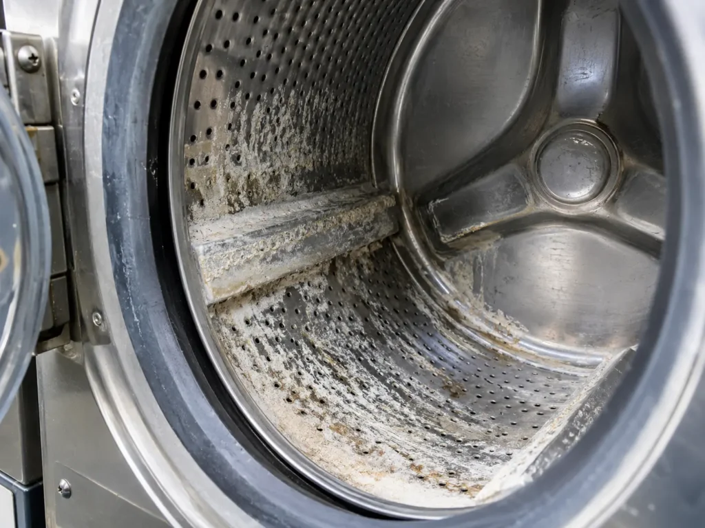 Hard water scale buildup inside a commercial laundry machine in Malaysia