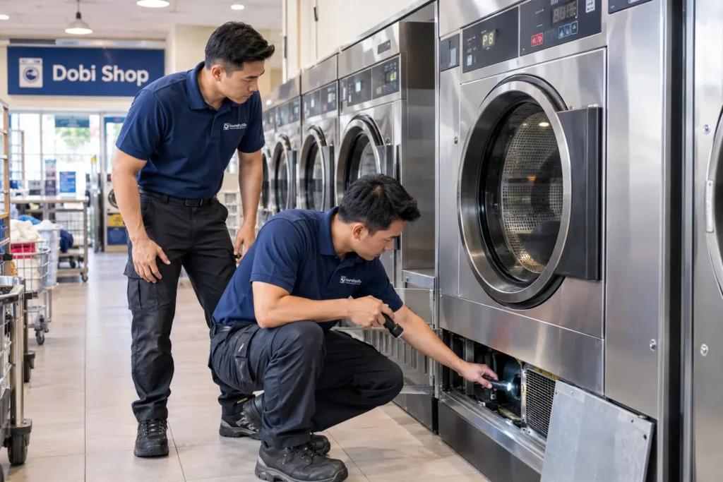 Technician inspecting a commercial dryer overheating fault in a Malaysian laundromat