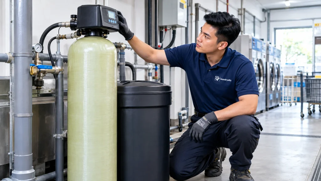 Technician checking a commercial water softener in a Malaysian laundromat