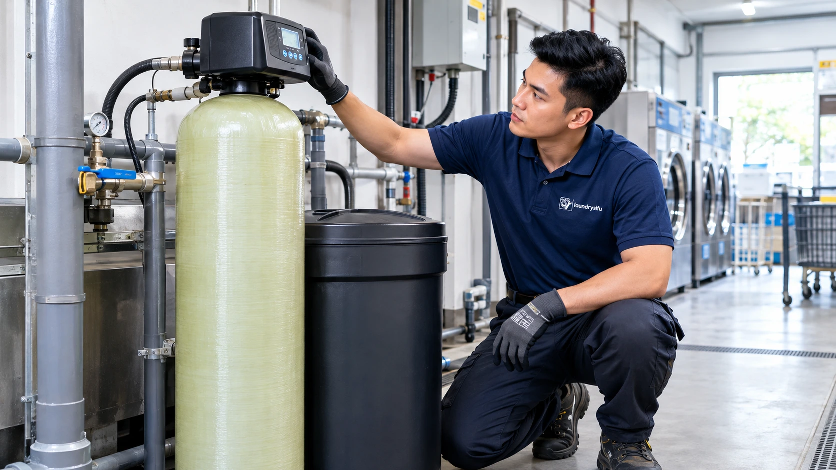 Technician checking a commercial water softener in a Malaysian laundromat