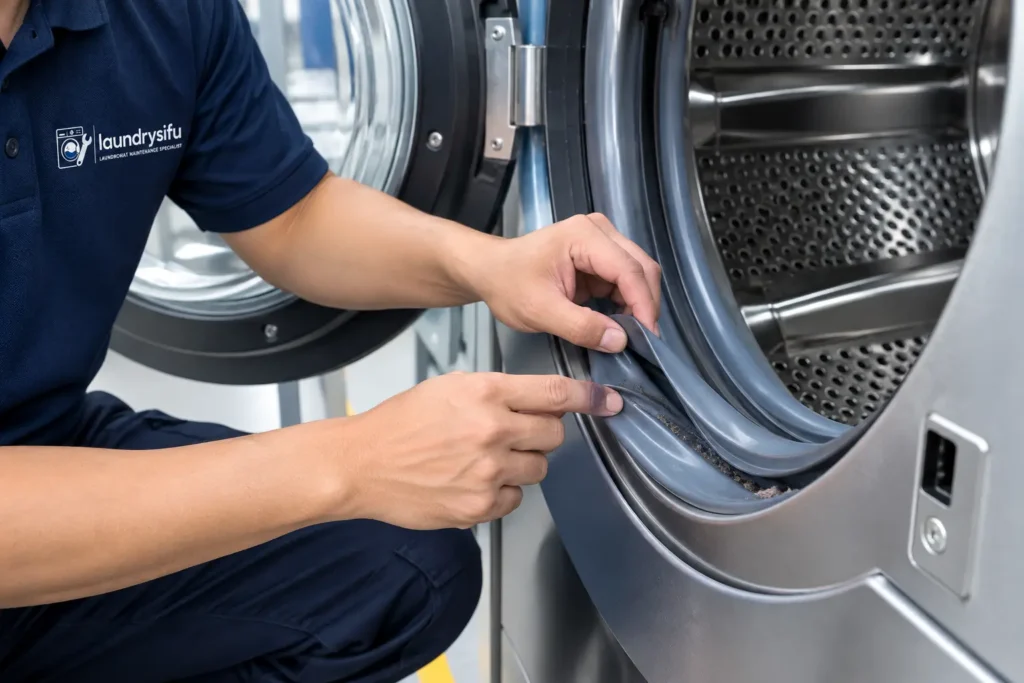 Technician checking a commercial washer leaking.