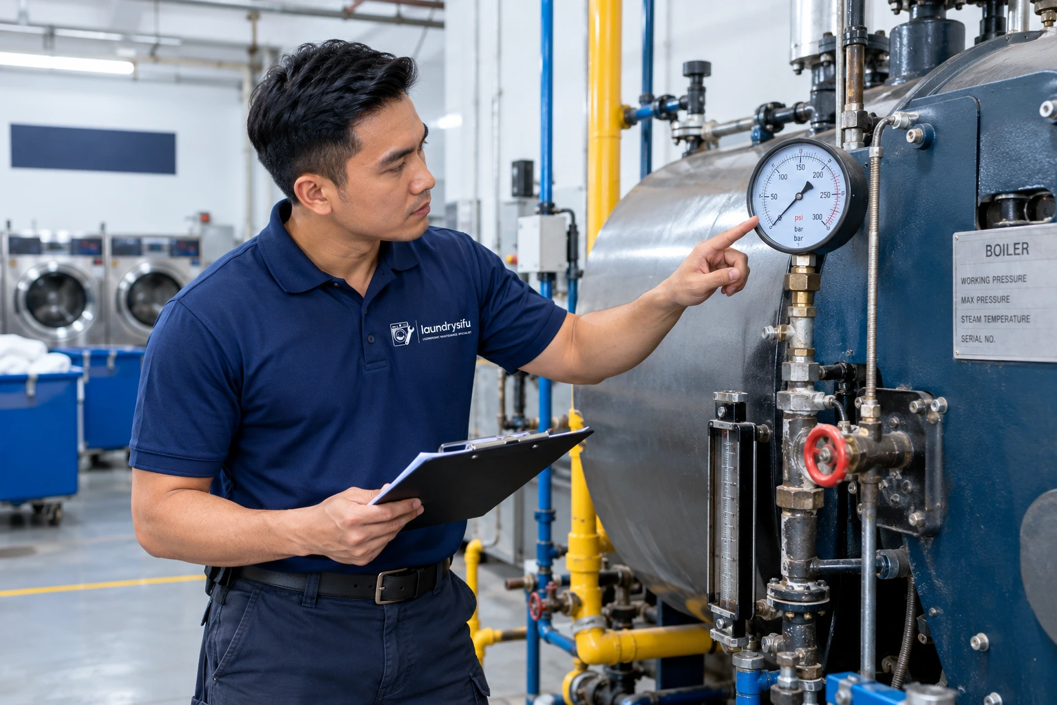 Technician checking a gauge during boiler maintenance cost planning at a Malaysian laundry