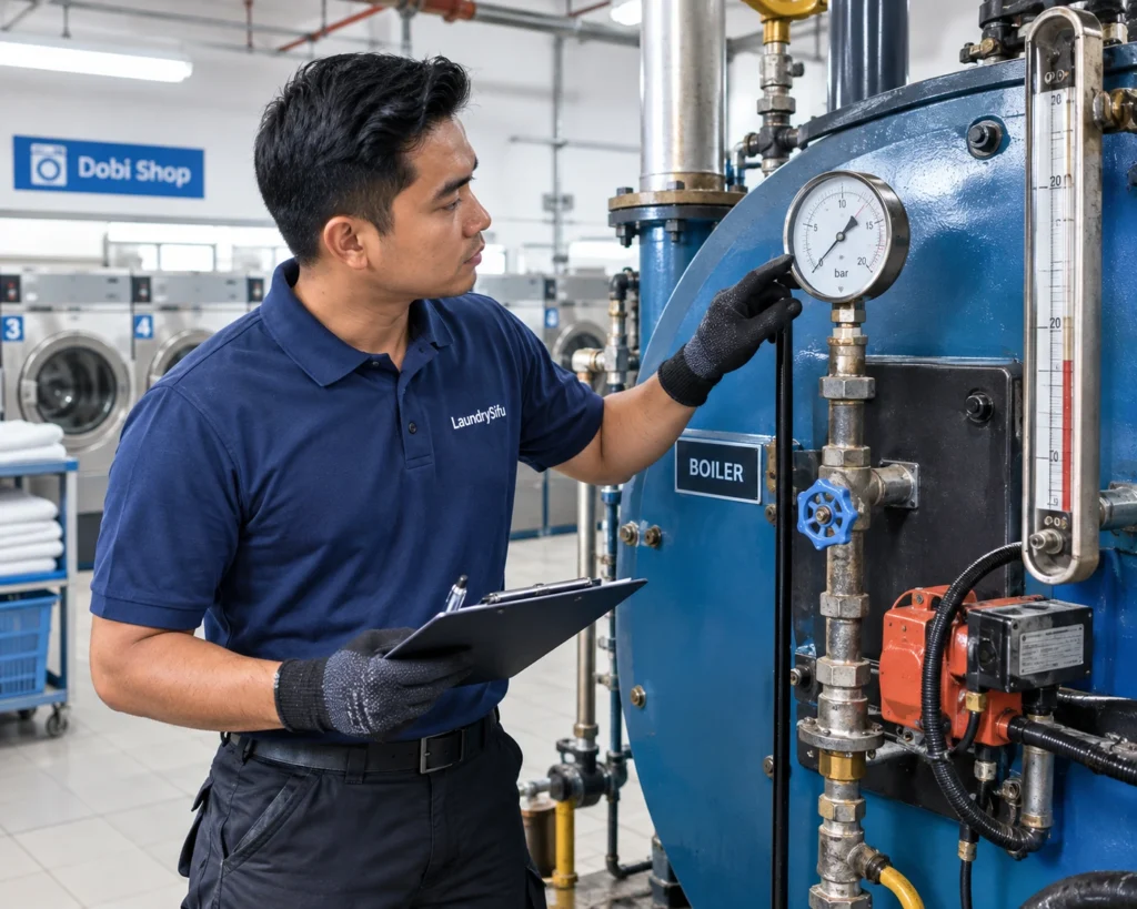 Boiler pressure issues: technician reading a boiler pressure gauge in a Malaysian laundry