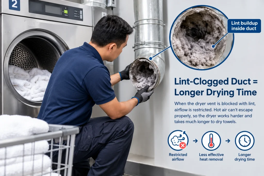 Lint-clogged duct explaining why a dryer takes too long to dry towels