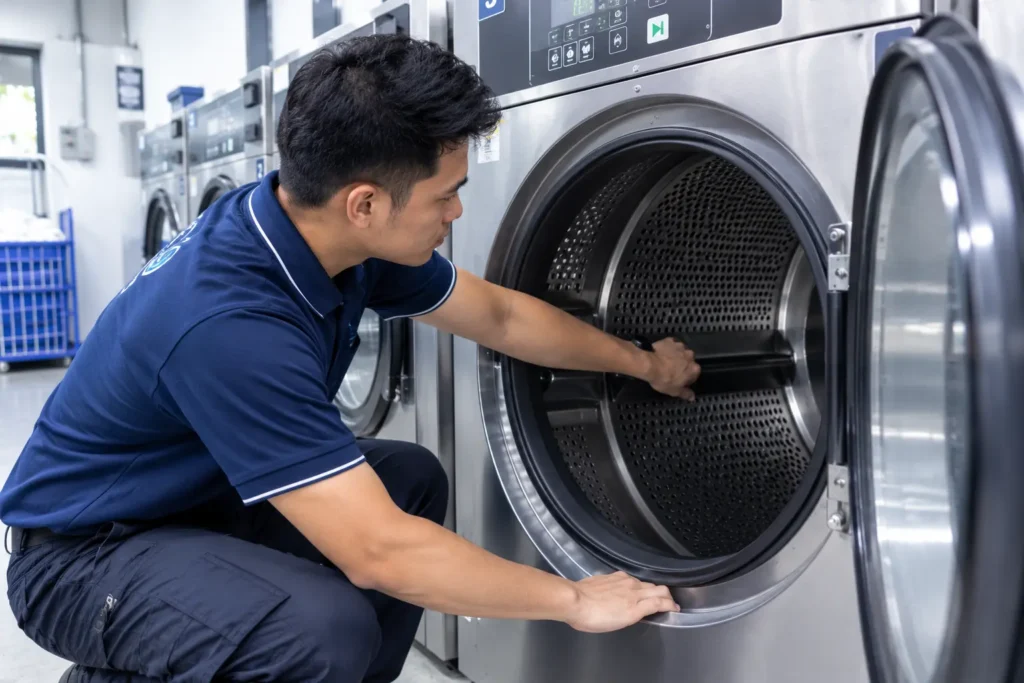 Technician testing a commercial dryer not spin fault by turning the drum by hand