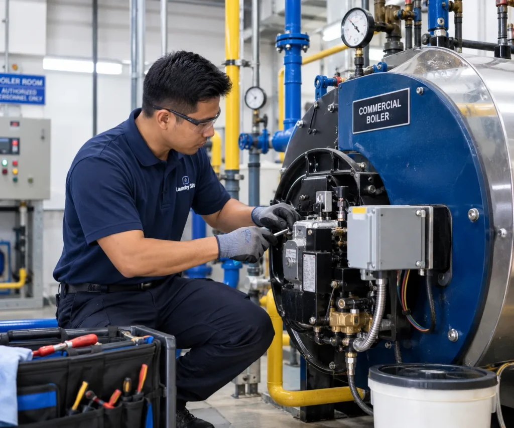 Technician carrying out boiler servicing on a commercial laundry boiler in Malaysia