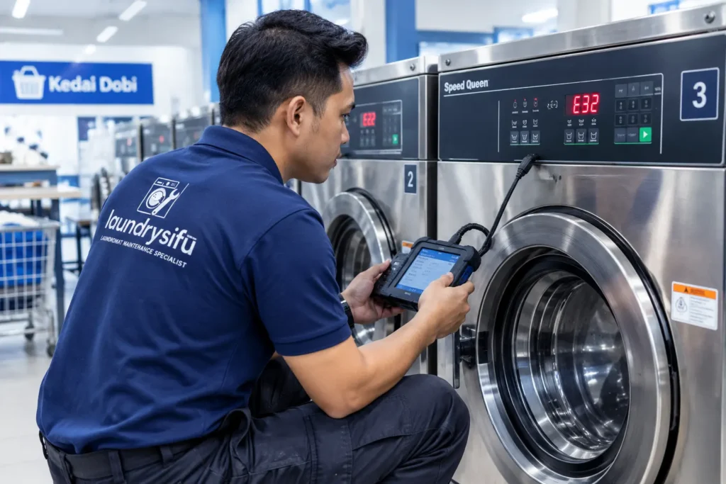 Laundry Sifu technician checking commercial washer error codes at a Malaysian laundromat
