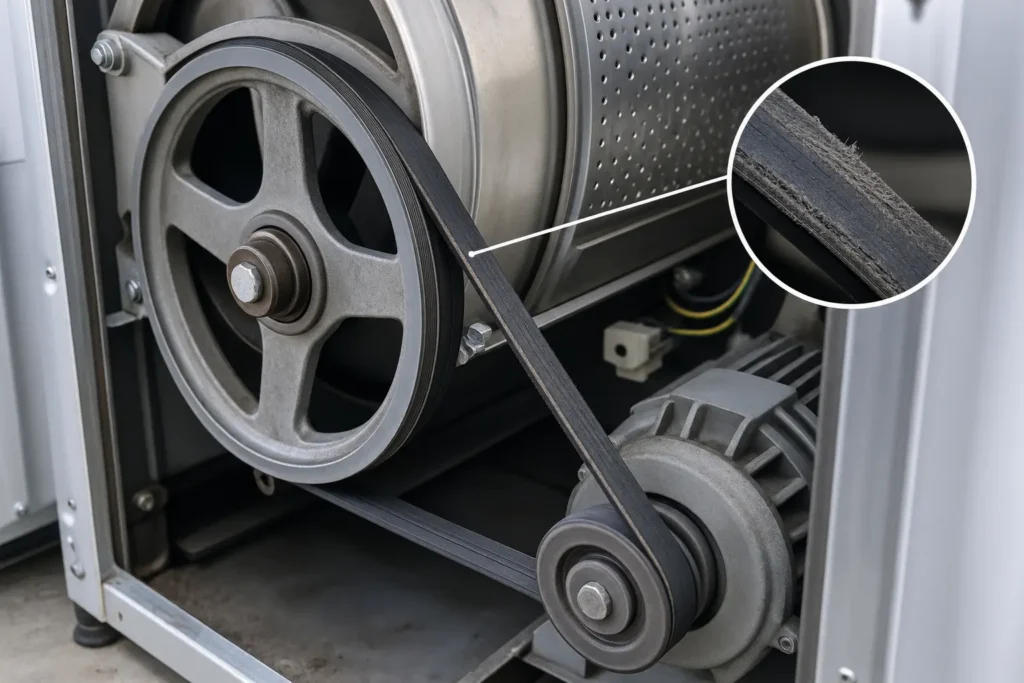 Worn drive belt causing commercial washer won't spin