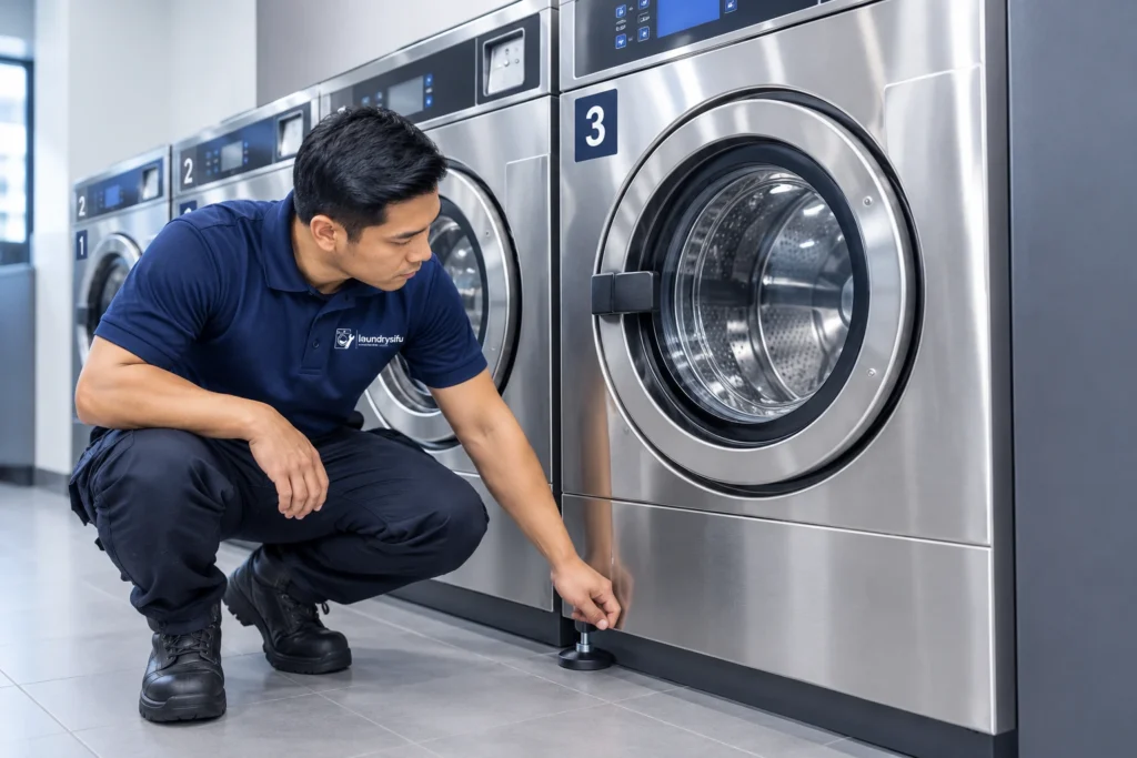 Technician checking a commercial washer making loud banging for an unlevel base